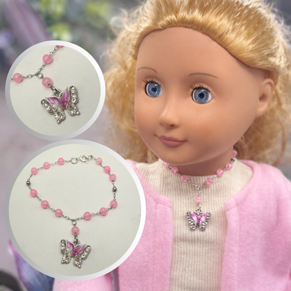 Translucent Pink Bead Butterfly Charm Doll Necklace • 18 Inch Fashion Doll Jewelry