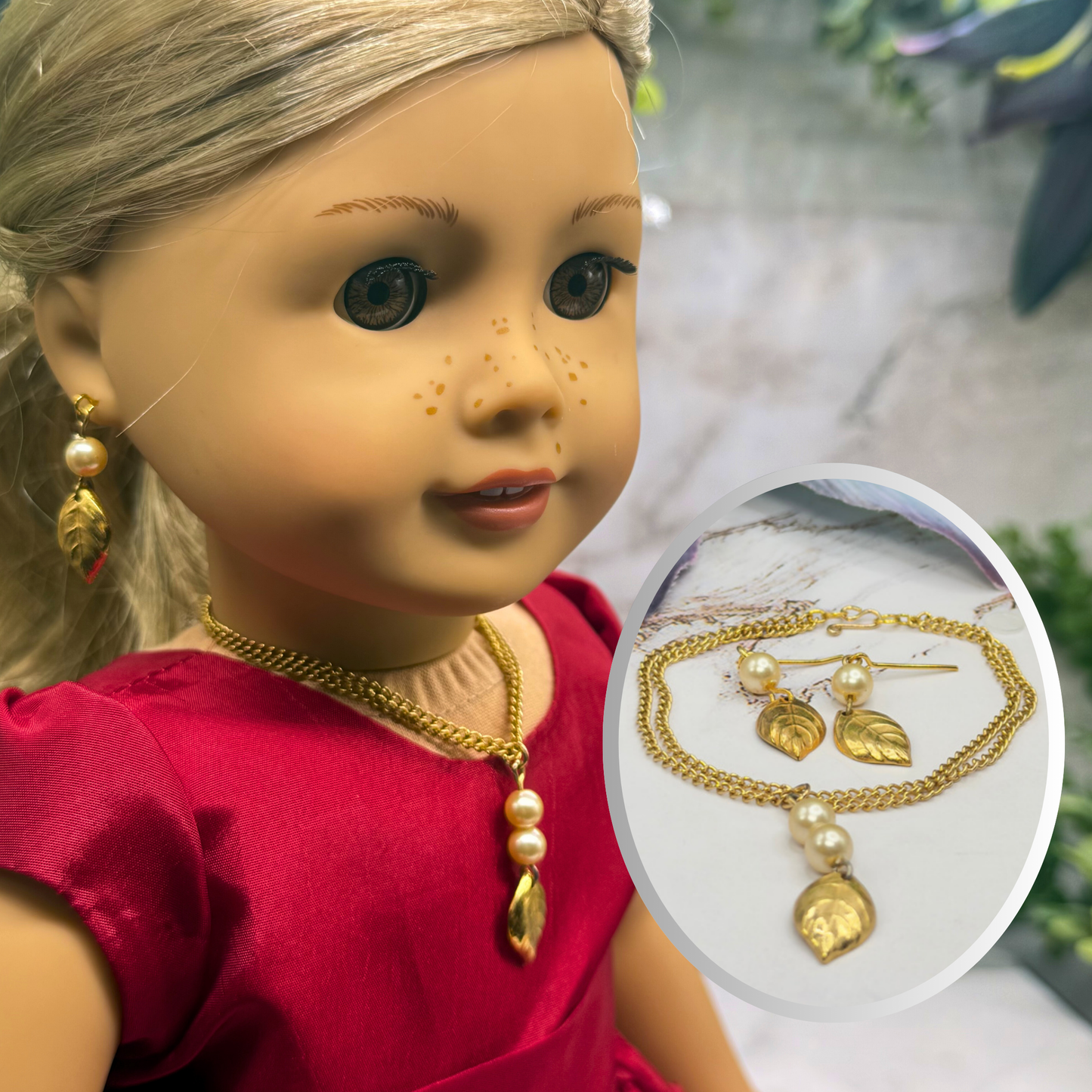 Gold Leaf & Pearl Dangle Doll Necklace & Earrings Set • 18 Inch Fashion Doll Jewelry