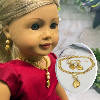 Gold Leaf & Pearl Dangle Doll Necklace & Earrings Set • 18 Inch Fashion Doll Jewelry