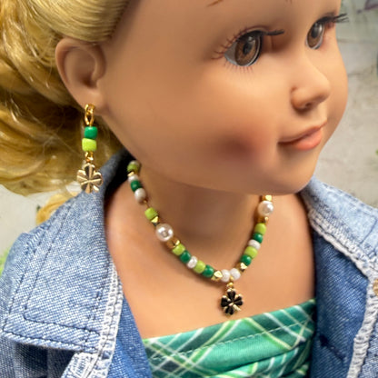 Green White Beaded Gold Shamrock Doll Necklace & Earrings Set • 18 Inch Fashion Doll Jewelry