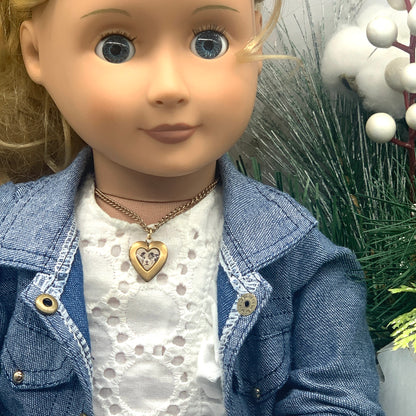 Gold Heart Locket w/ Dog Pic Chain Doll Necklace • 18 inch Fashion Doll Jewelry