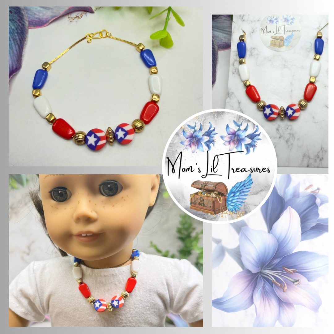 Red White Blue Beaded Flag Charm Doll Necklace for 18 Inch Fashion Doll