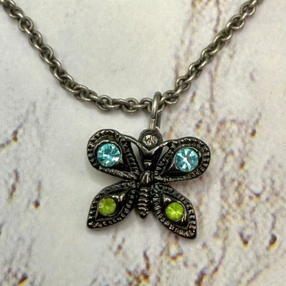 Butterfly Green Blue Rhinestone Pendant Gun Metal Silver Doll Necklace • 14 Inch Fashion Doll Jewelry