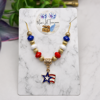 Red White Blue Gold Beaded Americana Star Charm Doll Necklace for 18 Inch Fashion Doll