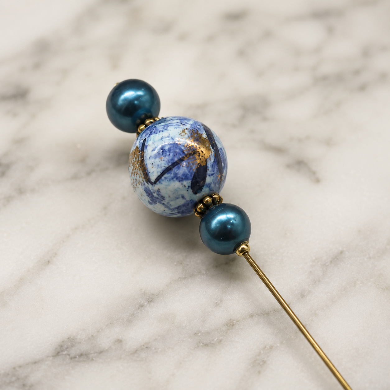Blue Swirl Beaded - Gold Tone Findings 6” Pin • Hatpin - Stick Pin