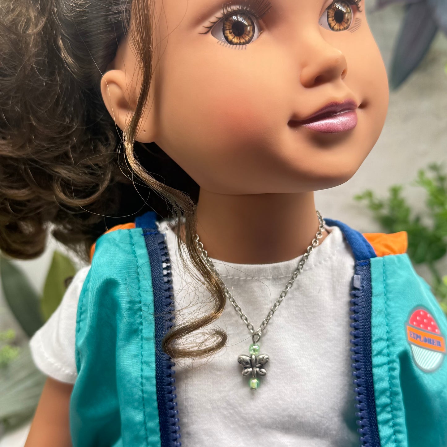 Butterfly Charm Green Bead Accents Silver Chain Doll Necklace • 18 Inch Fashion Doll Jewelry