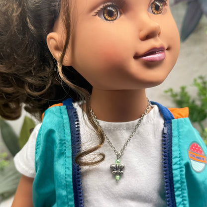 Butterfly Charm Green Bead Accents Silver Chain Doll Necklace • 18 Inch Fashion Doll Jewelry