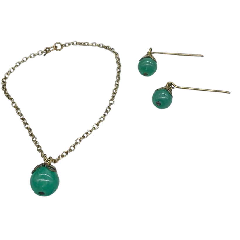 Green Glass Drop Pendant Doll Necklace Earrings Set for 18 Inch Doll Jewelry Accessory