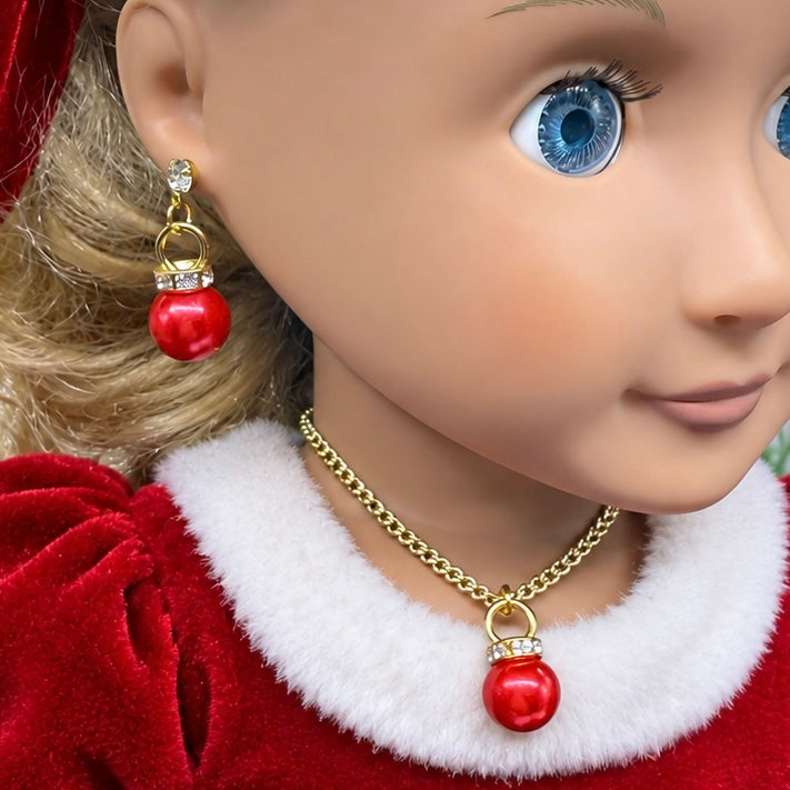 Red Pearly Christmas Ornament Charm Doll Necklace & Earrings Set • 18 Inch Fashion Doll Jewelry