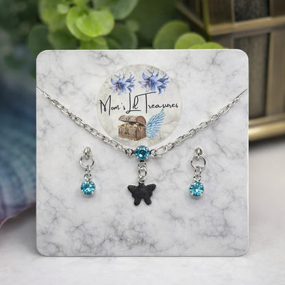 Teal Blue Rhinestone Silver Butterfly Charm Doll Necklace & Earrings Set for 14 Inch Fashion Dolls