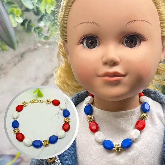 Red White Blue Beaded Gold Flower Americana Doll Necklace for 18 Inch Fashion Doll