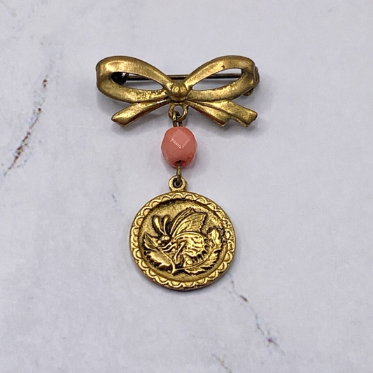 Gold Tone Bow Oval Dangle Blue Rhinestone Accent Pin Doll Brooch