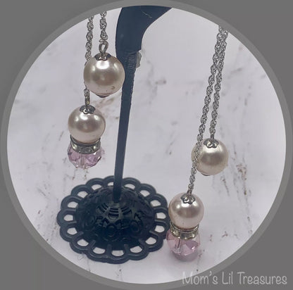 Pink Crystal Faux Pearl Rhinestone Silver Tone Chain Dangle Earrings - Handmade