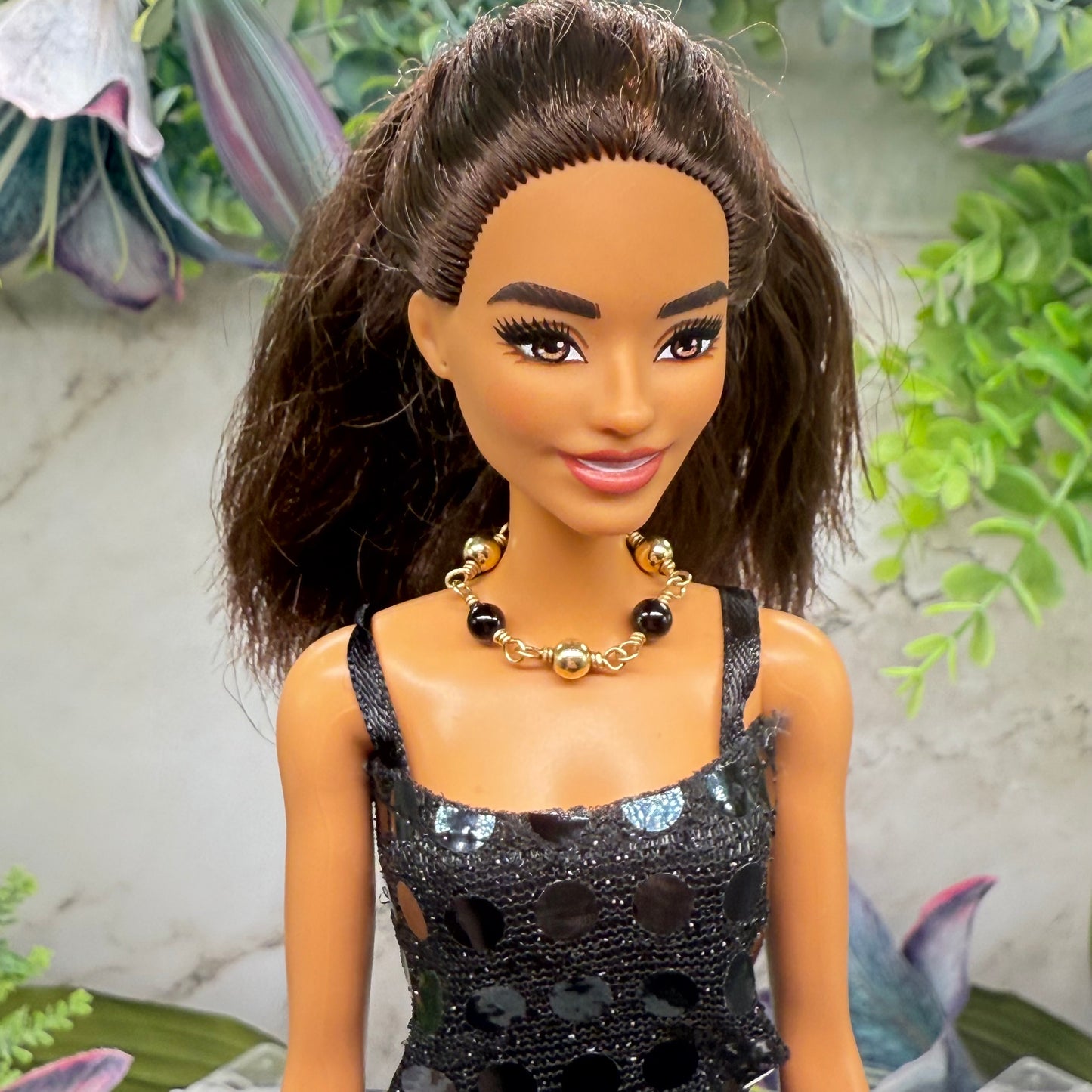 Gold & Black Bead Statement Doll Necklace • 10-12 Inch Fashion Doll Jewelry 1:6