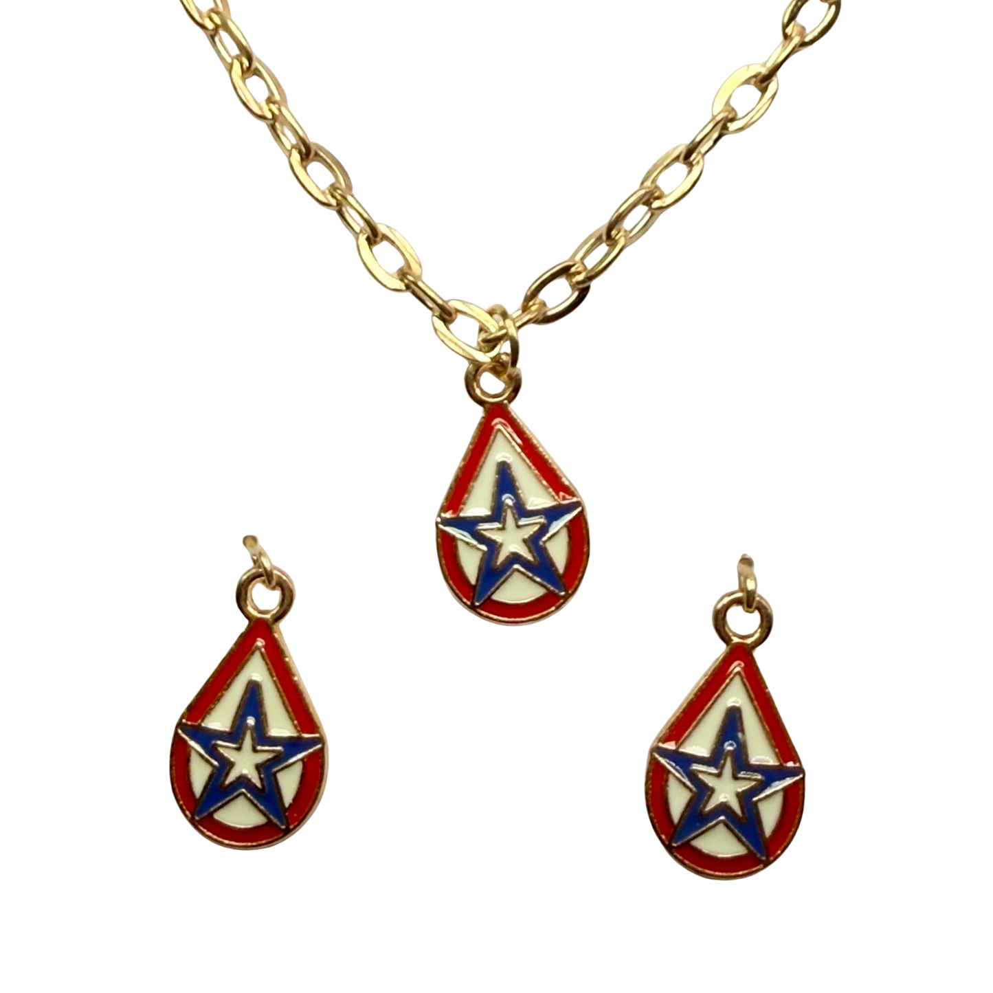 Red White Blue Teardrop Patriotic Star Gold Doll Necklace & Earrings for 18 Inch Fashion Doll