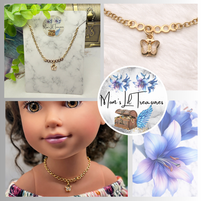Gold Chain Clear Acrylic Crystal Butterfly Charm Doll Necklace • 18 Inch Fashion Doll Jewelry