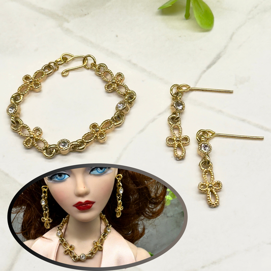Gold Filigree Cross Clear Rhinestone Doll Necklace Earring Set • 16” Fashion Doll Jewelry