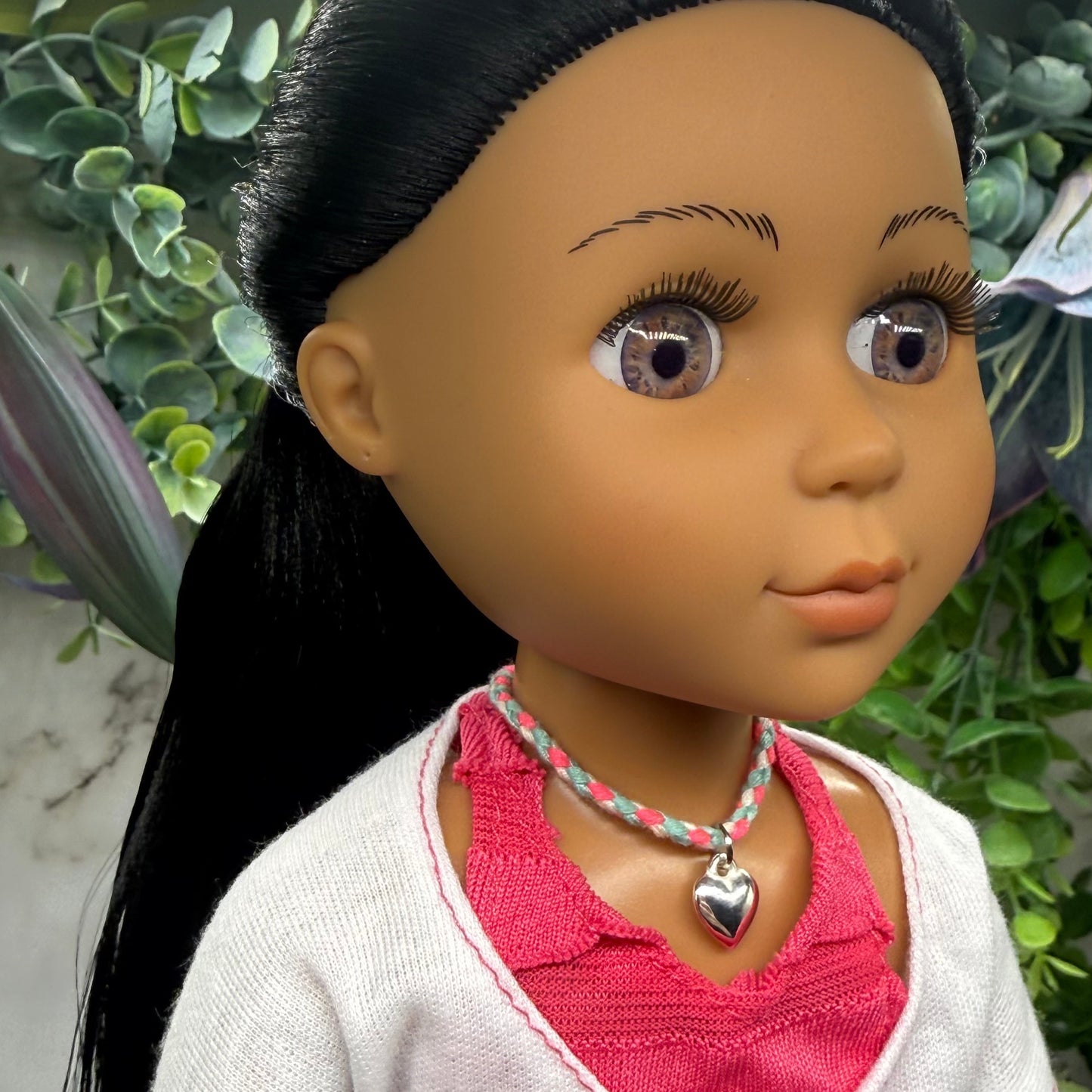 Pink Blue White Braided Thread Doll Necklace w/ Silver Heart Charm • 14 Inch Fashion Doll Jewelry