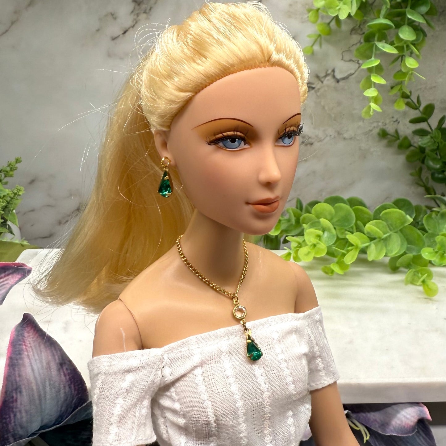 Green Rhinestone Teardrop Gold Doll Necklace Earring Set • 16 Inch Doll Jewelry