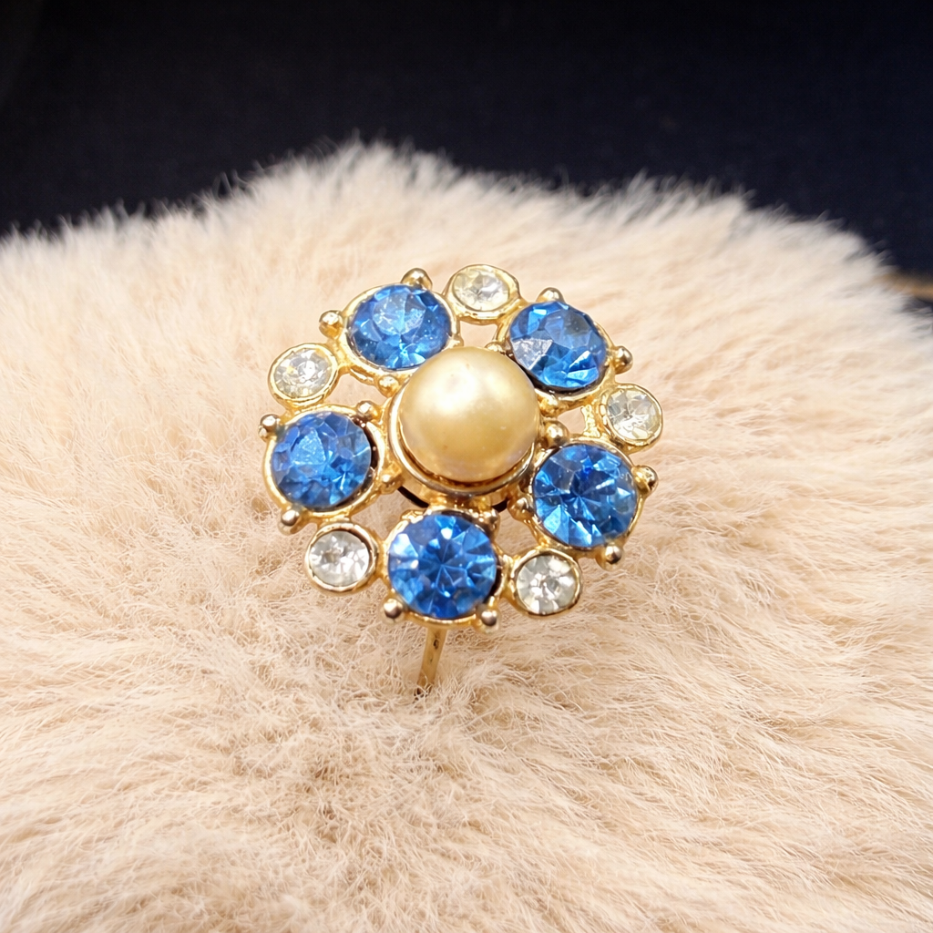 Blue & Clear Rhinestone Pearl Center Flower Design Gold Tone Stick Pin Hatpin