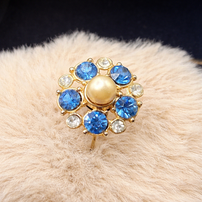 Blue & Clear Rhinestone Pearl Center Flower Design Gold Tone Stick Pin Hatpin
