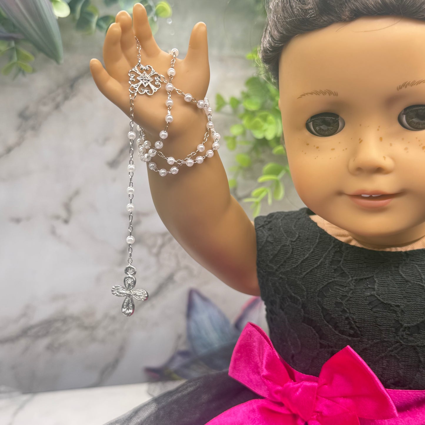White Pearl Silver Chain & Cross • Doll Size Catholic Rosary for 18-22” Fashion or Vintage Dolls