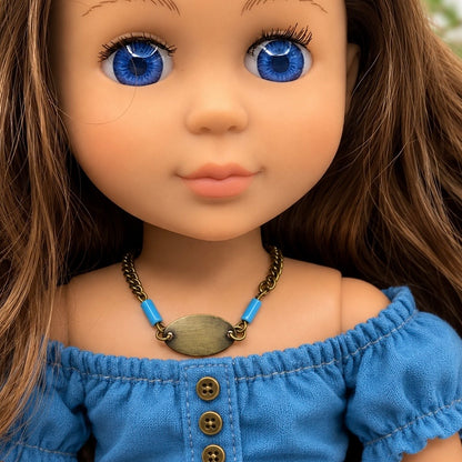Turquoise Blue Brass Gold Oval Pendant Doll Necklace • 14 inch Fashion Doll