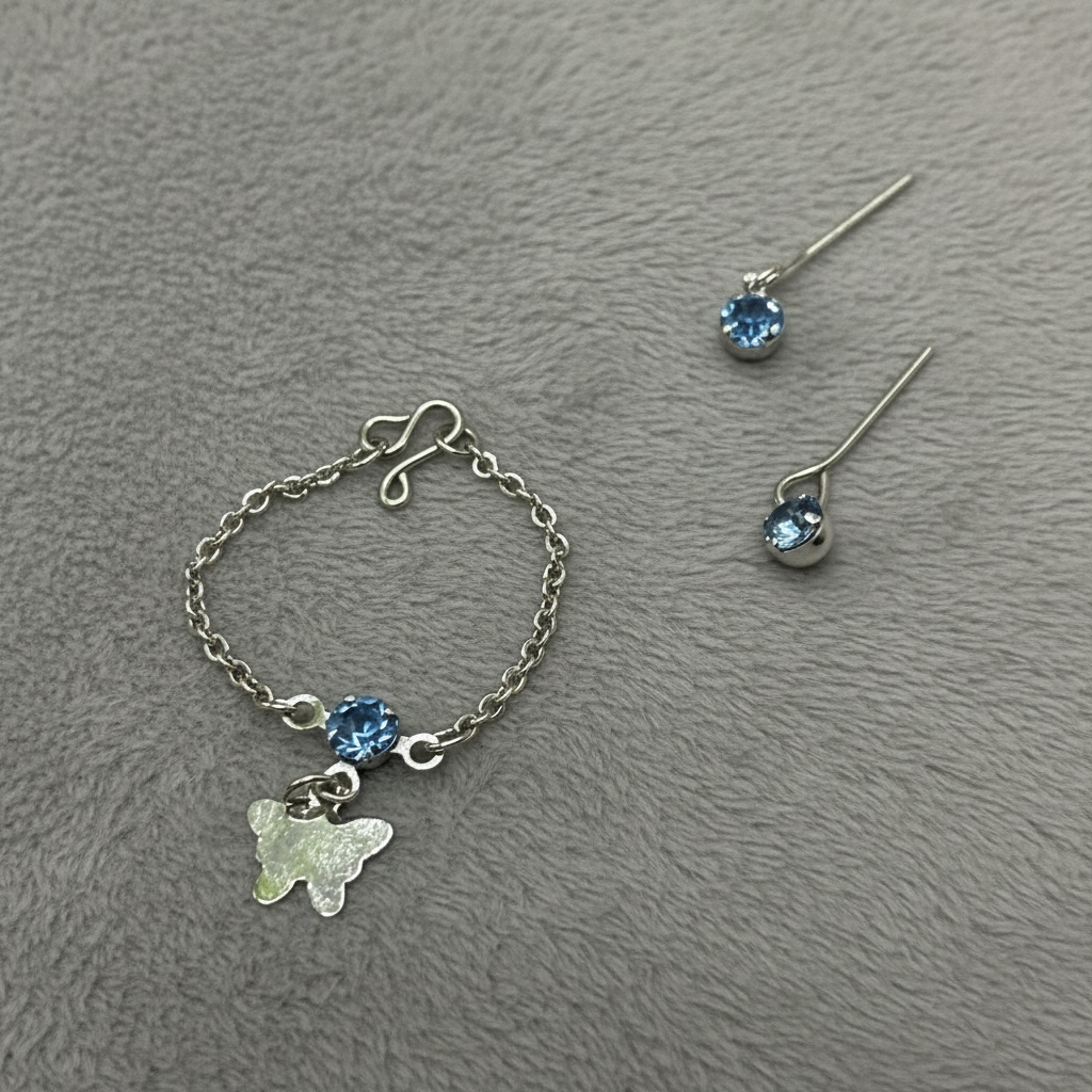 Blue Rhinestone Silver Butterfly Charm Doll Necklace & Earrings for 10-12 Inch Fashion Dolls 1:6