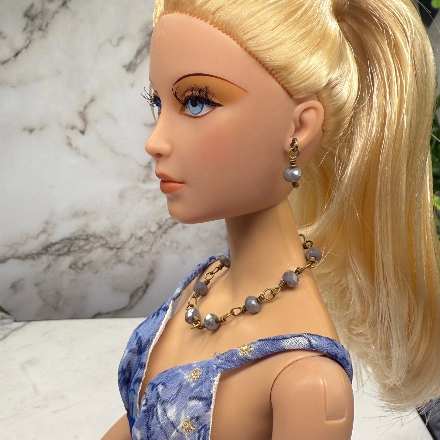 Gray Glass Crystal Beaded Doll Necklace & Earrings • 16 Inch Fashion Doll Jewelry