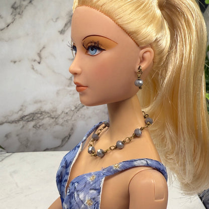 Gray Glass Crystal Beaded Doll Necklace & Earrings • 16 Inch Fashion Doll Jewelry