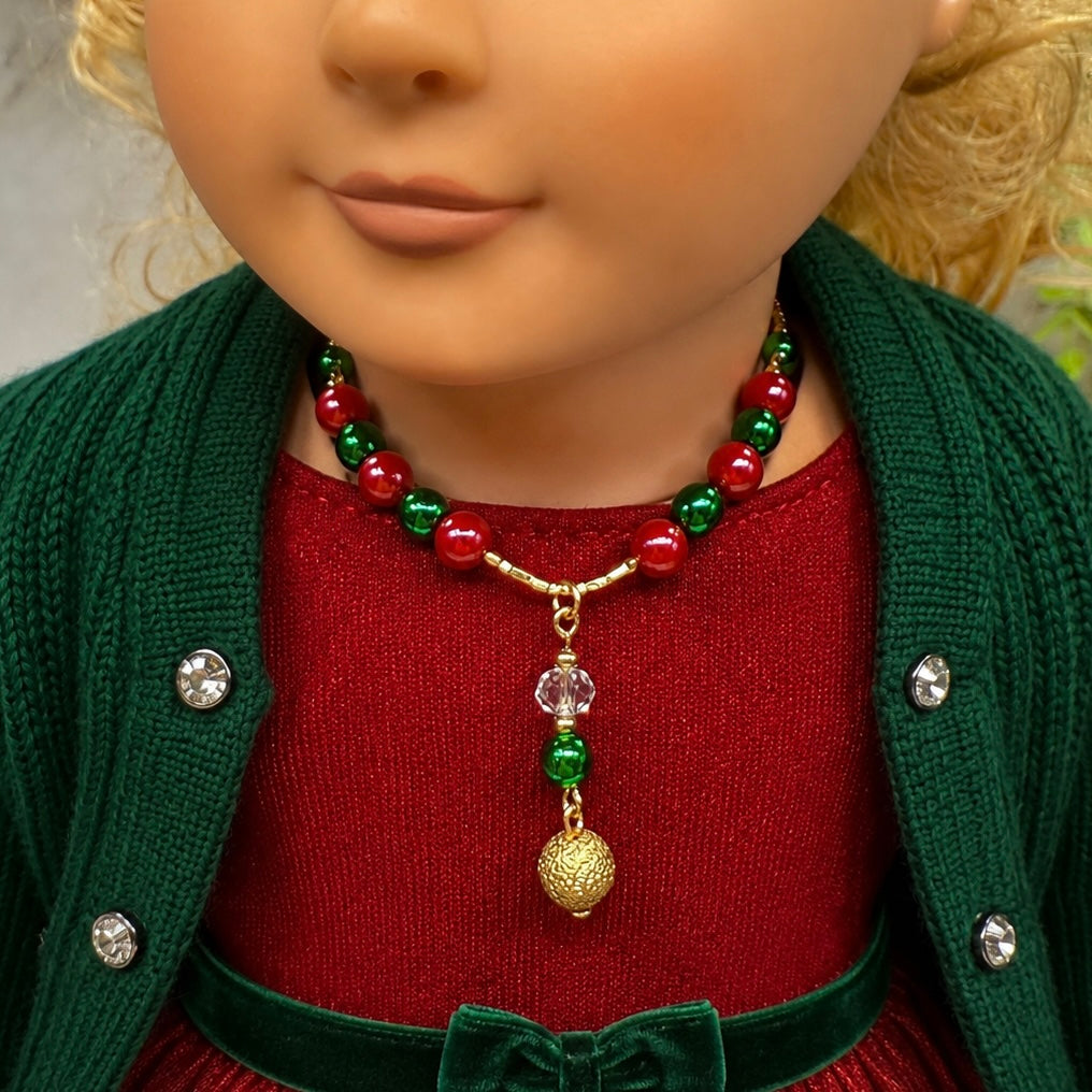 Green & Pinkish Red Pearly Bead Gold Chain Christmas Doll Necklace • 18 Inch Fashion Doll Jewelry