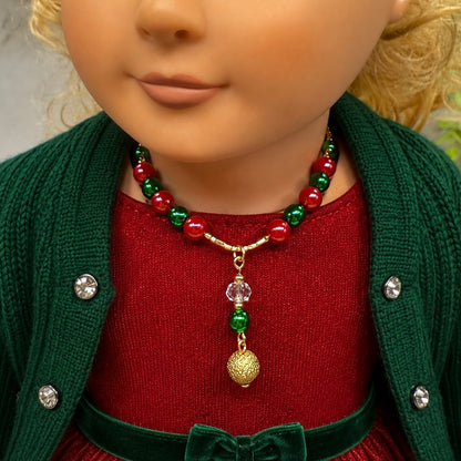 Green & Pinkish Red Pearly Bead Gold Chain Christmas Doll Necklace • 18 Inch Fashion Doll Jewelry