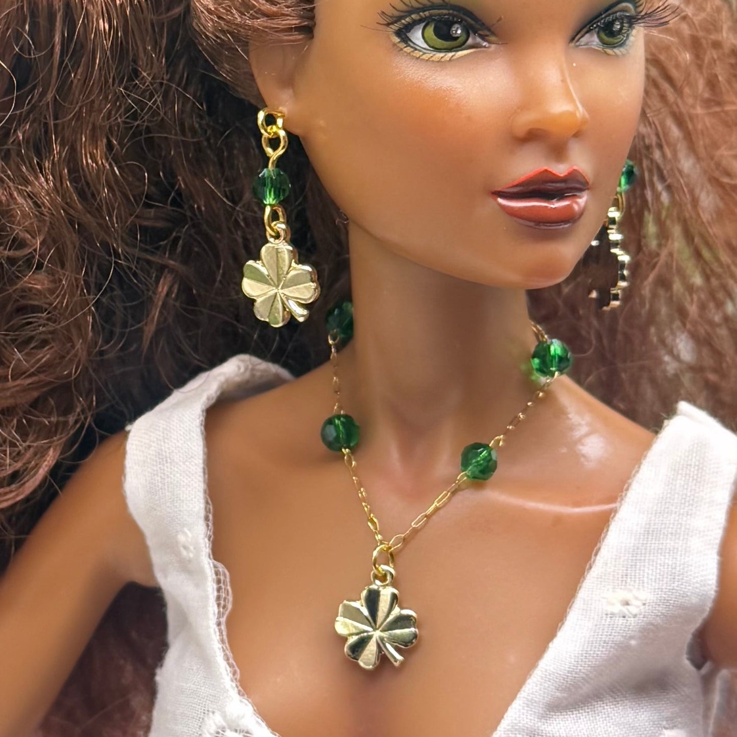 Green Bead Gold Four-Leaf Clover Doll Necklace & Earrings • 16 Inch Fashion Doll Jewelry