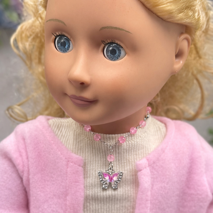 Translucent Pink Bead Butterfly Charm Doll Necklace • 18 Inch Fashion Doll Jewelry