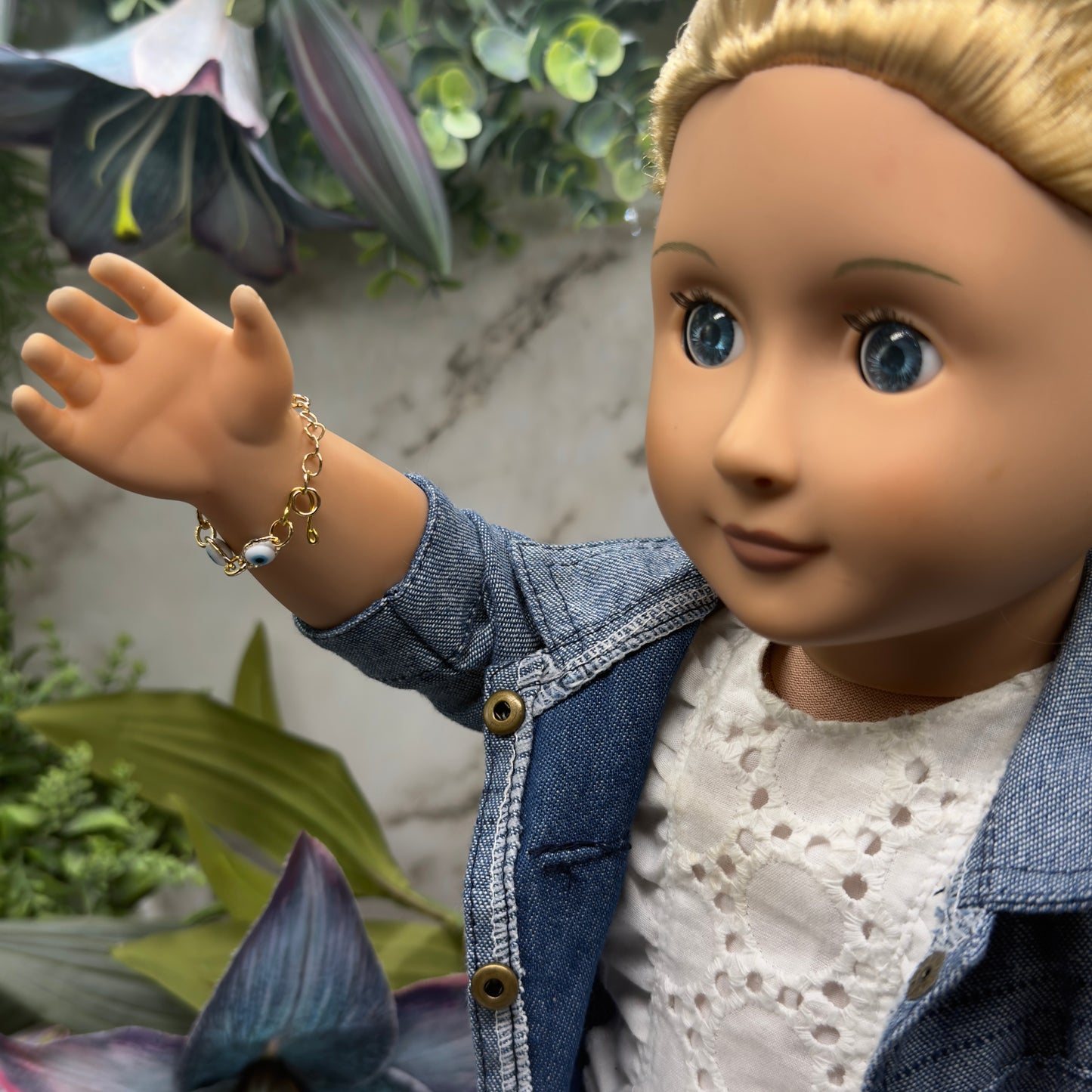 Blue Evil Eye Good Luck Gold Link Doll Bracelet • 18 Inch Fashion Doll Jewelry