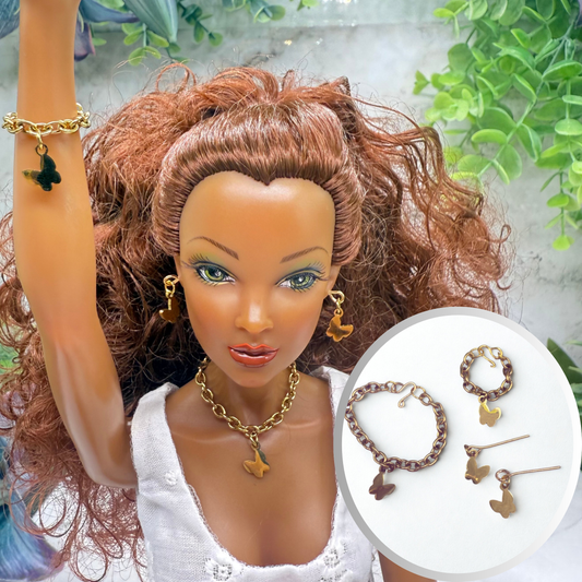 Butterfly Charm Gold Necklace Earrings Bracelet Set • 16 Inch Fashion Doll Jewelry