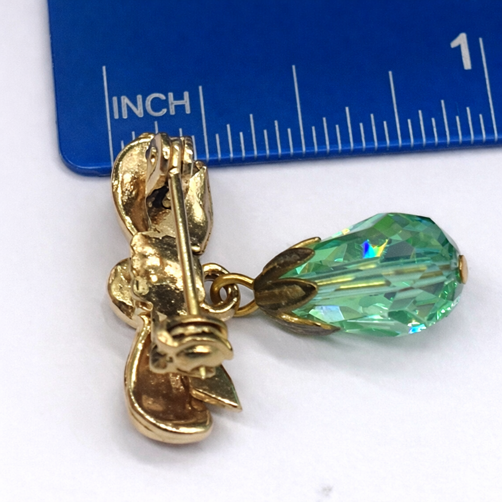 Green Glass Crystal Gold Bow Dangle Doll Pin •  Doll Brooch