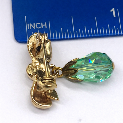 Green Glass Crystal Gold Bow Dangle Doll Pin •  Doll Brooch