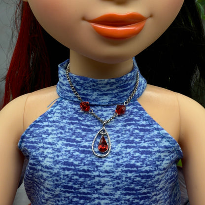 Red Glass Crystal Teardrop Rhinestone Pendant Silver Chain Doll Necklace • 18 Inch Fashion Doll Jewelry