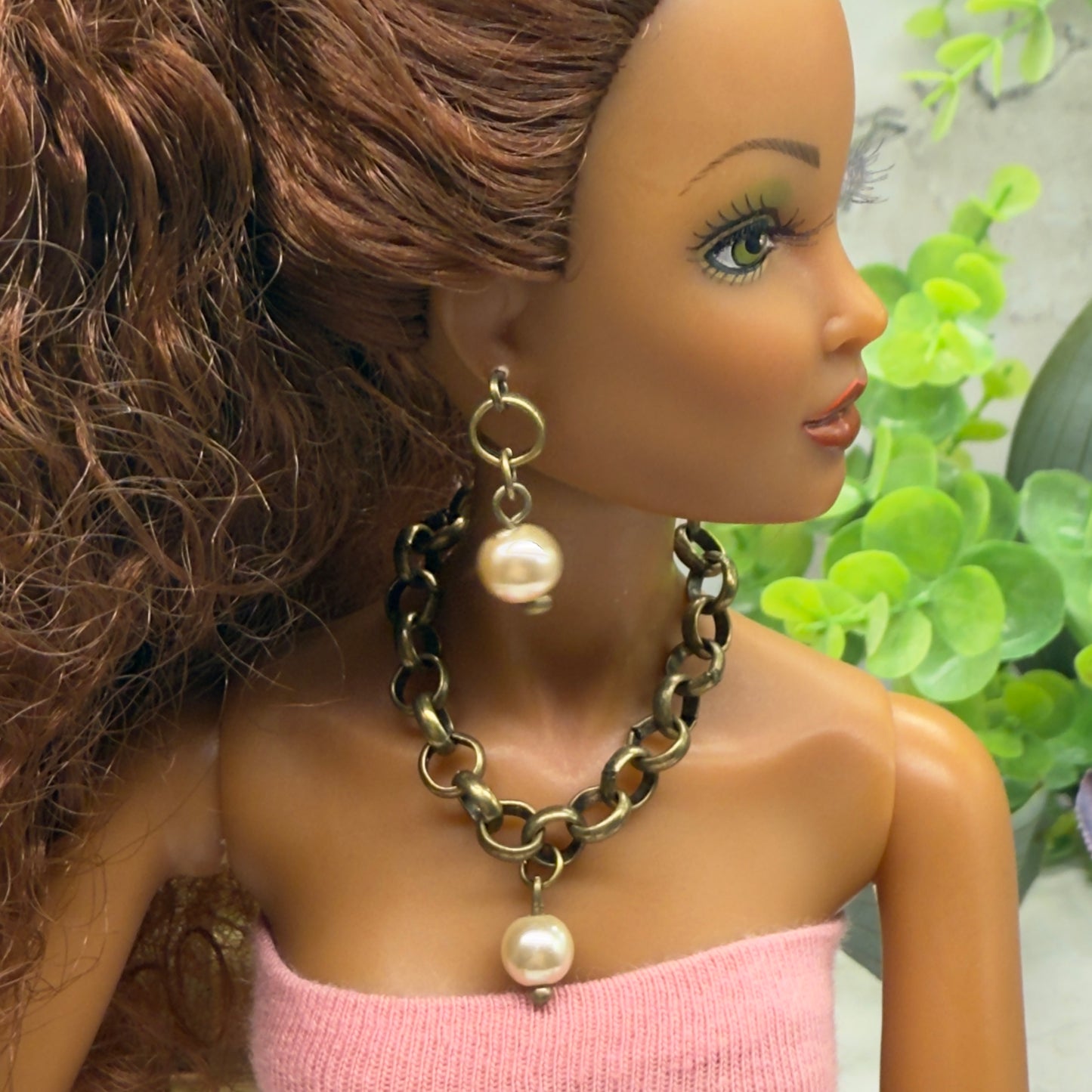 Brass Bronze Large Link Pearl Dangle Doll Necklace & Earrings Set • 16 Inch Fashion Doll Jewelry