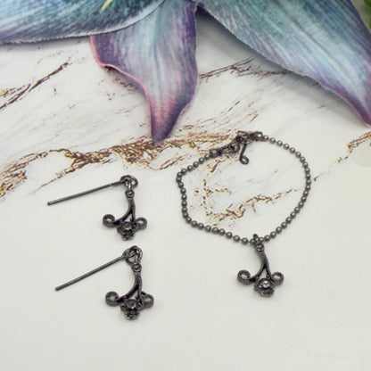 Black Dark Scroll Design Gray Metallic Rhinestone Ball Chain Doll Necklace & Earrings • 16 Inch Fashion Doll Jewelry