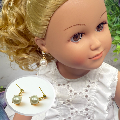 Round Pearl Dangle Clear Rhinestone Post Doll Earrings  • 18 Inch Fashion Doll Jewelry