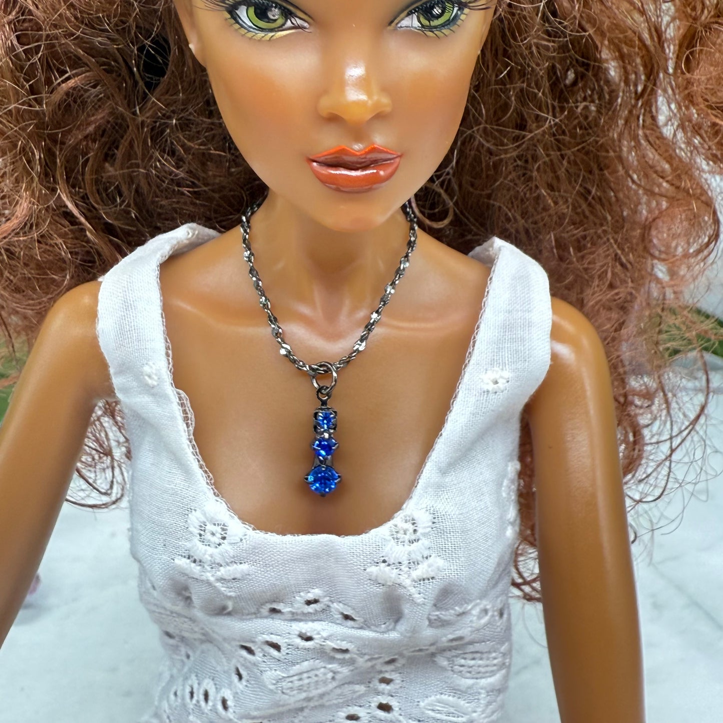 Blue Rhinestone Pendant Black Chain Doll Necklace • 16 Inch Fashion Doll Jewelry