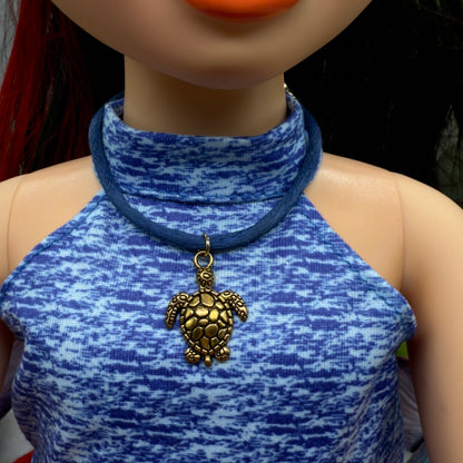 Gold Turtle Charm Blue Fabric Cord Doll Necklace• 18 Inch Fashion Doll Jewelry