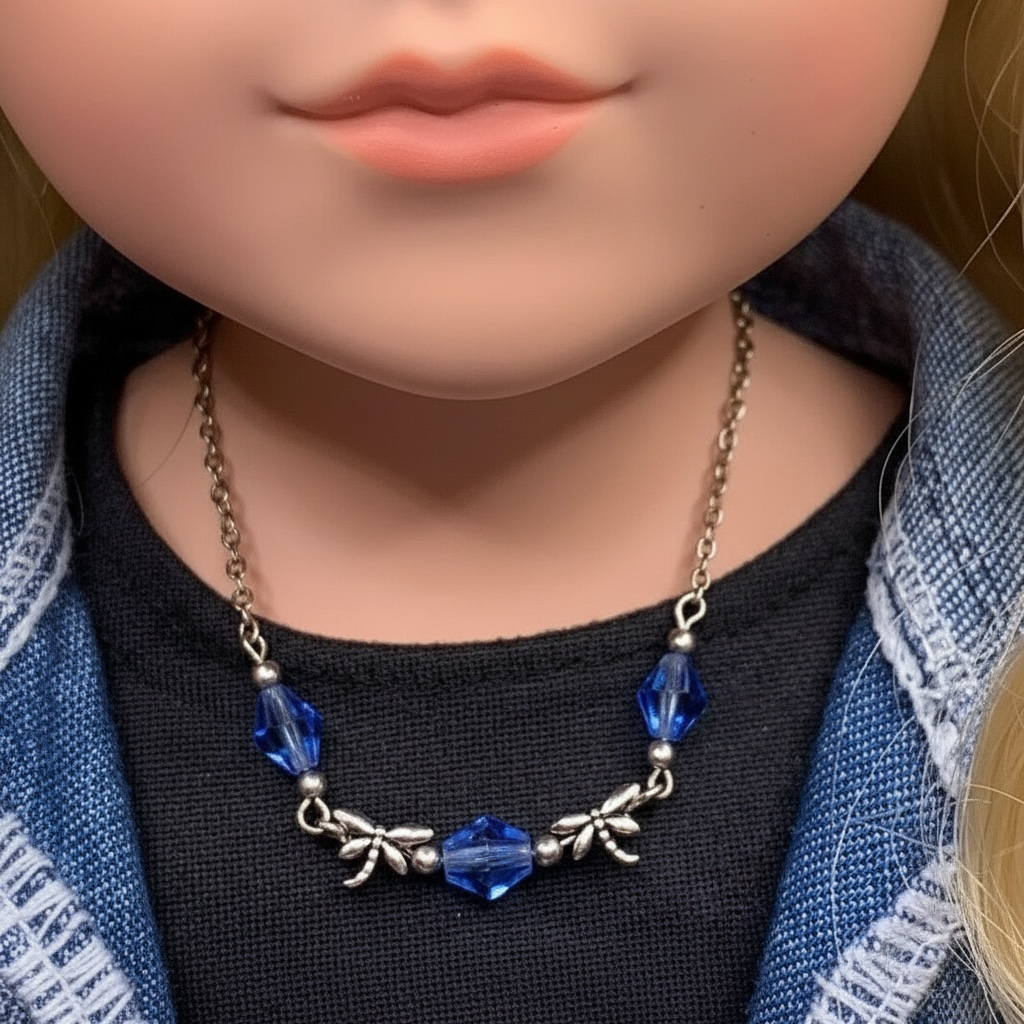 Silver Dragonfly Charms Blue Glass Crystal Doll Necklace • 18 inch Fashion Doll Jewelry