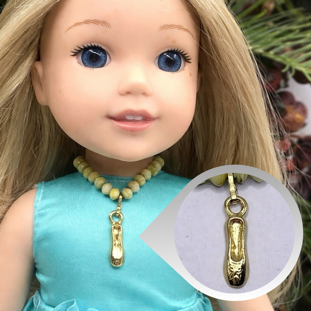 Green Glass Bead Gold Ballerina Slipper Charm Doll Necklace • 14” Fashion Doll Jewelry