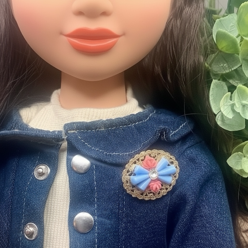 Gold Tone Oval Filigree Blue & Coral Rose Accents Pin • Doll Brooch