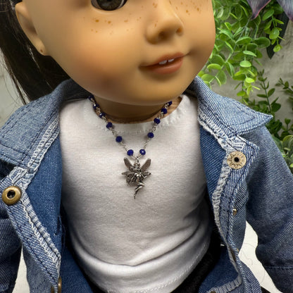 Silver-Tone Fairy Pendant Blue Glass Crystal Beaded Doll Necklace • 18 Inch Fashion Doll Jewelry