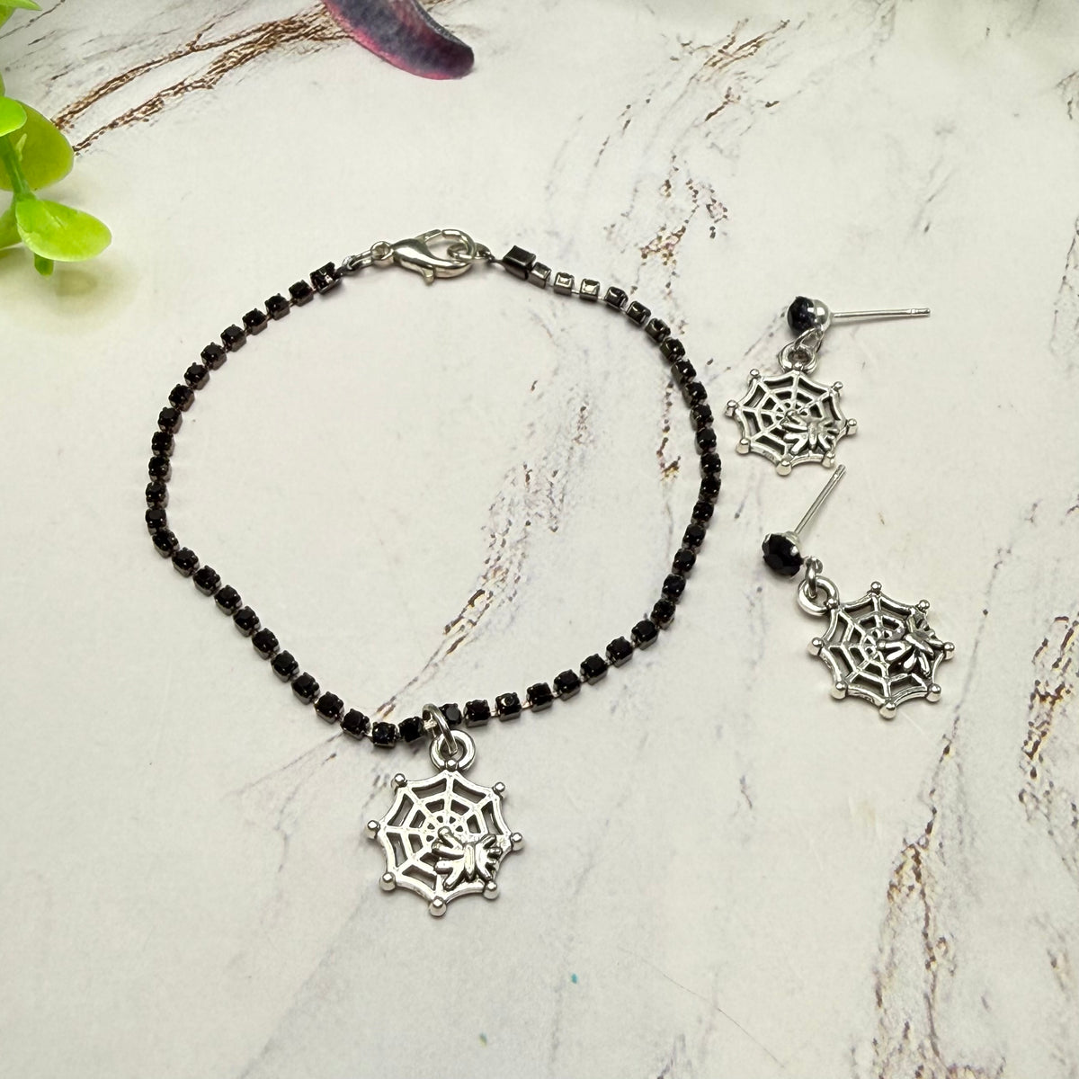 Halloween Silver Spider Web Black Rhinestone Necklace & Earrings Set | for 18 Inch Fashion Doll