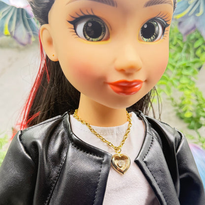 Gold Heart Charm Clear Rhinestone Center Doll Necklace • 18 Inch Fashion Doll Jewelry